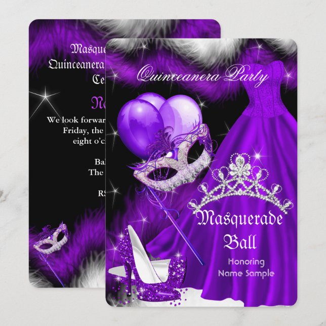 Invitation Mascarade Quinceanera Plumes violet noir 2a (Devant / Derrière)