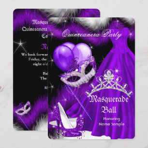 Invitation Mascarade Quinceanera Plumes violet noir 2a