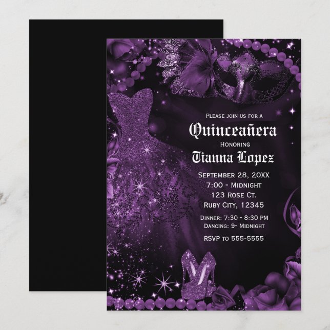 Invitation Mascarade Robe Noire Violet Quinceañera 15 Party (Devant / Derrière)