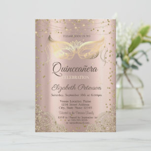Invitation Mascarade, Rose en Dentelle Dorée Quinceañera
