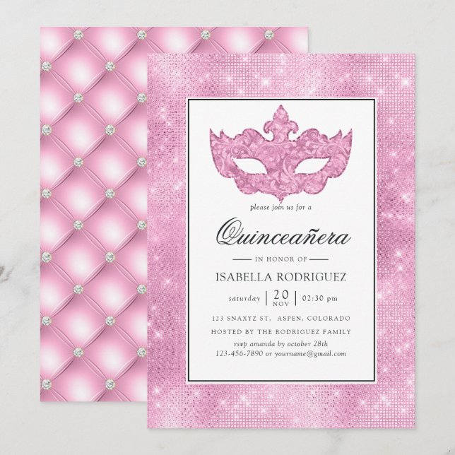 Invitation Mascarade rose vintage Quinceañera (Devant / Derrière)