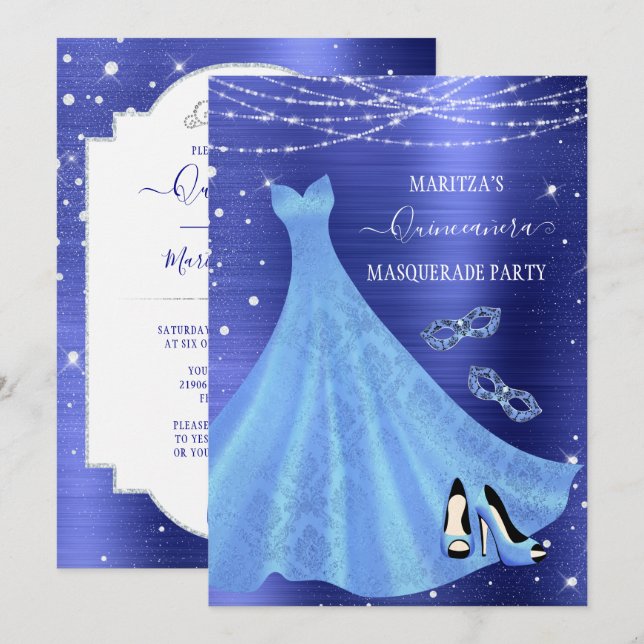 Invitation Mascarade royale de diamants bleus Quinceañera (Devant / Derrière)