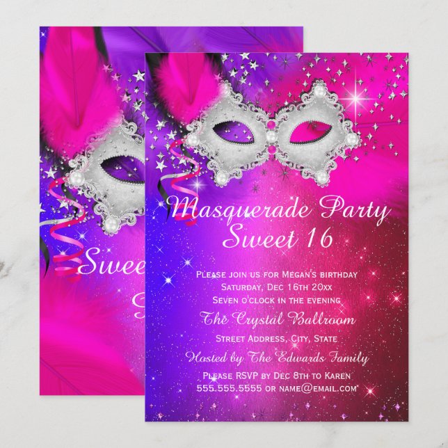 Invitation Mascarade Sweet 16 Fête Mascarade rose violet arge (Devant / Derrière)