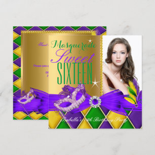 Invitation Mascarade Sweet 16 Violet Vert Or