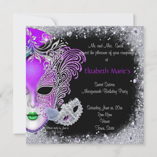 Invitation Mascarade, Sweet sixteen, Parties scintillant Invi (Devant)