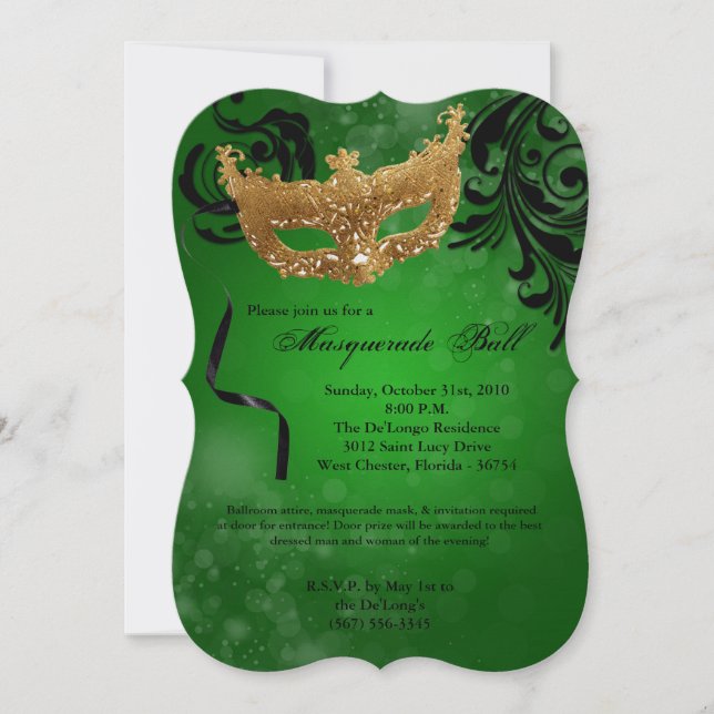 Invitation Mascarade verte Mascarade Masque costume Halloween (Devant)