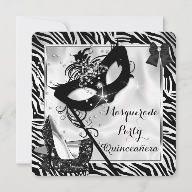 Invitation Mascarade Zèbre Blanc Noir Quinceanera Haut talon (Devant)