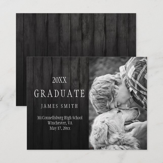 Invitation Masculine Black Grange Bois Photo Graduation (Devant / Derrière)