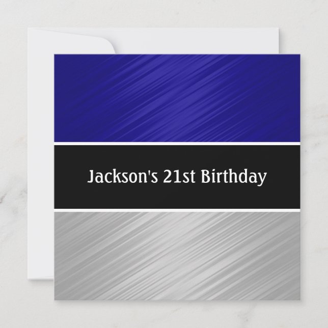 Invitation Masculine Blue Silver Stripes Party (Devant)