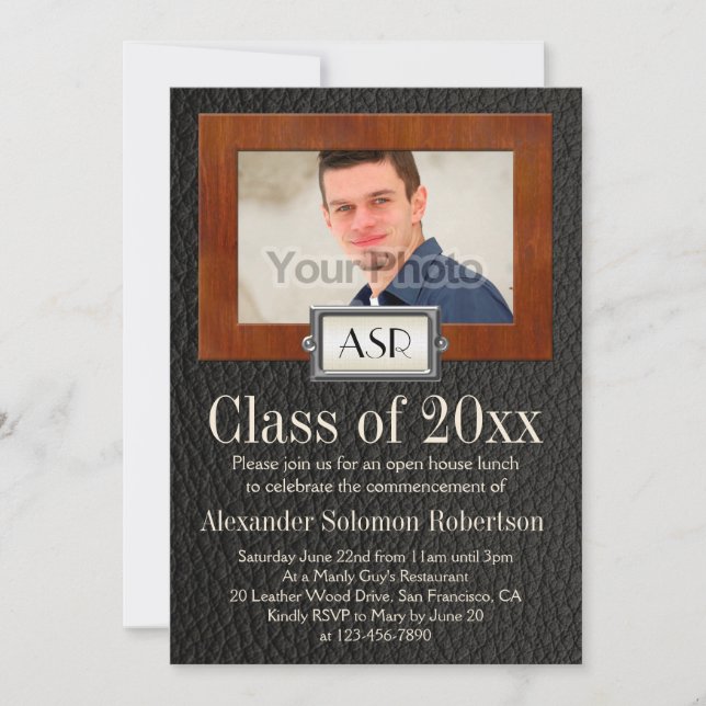 Invitation Masculine Boys Cuir Bois Monogramme Graduation (Devant)