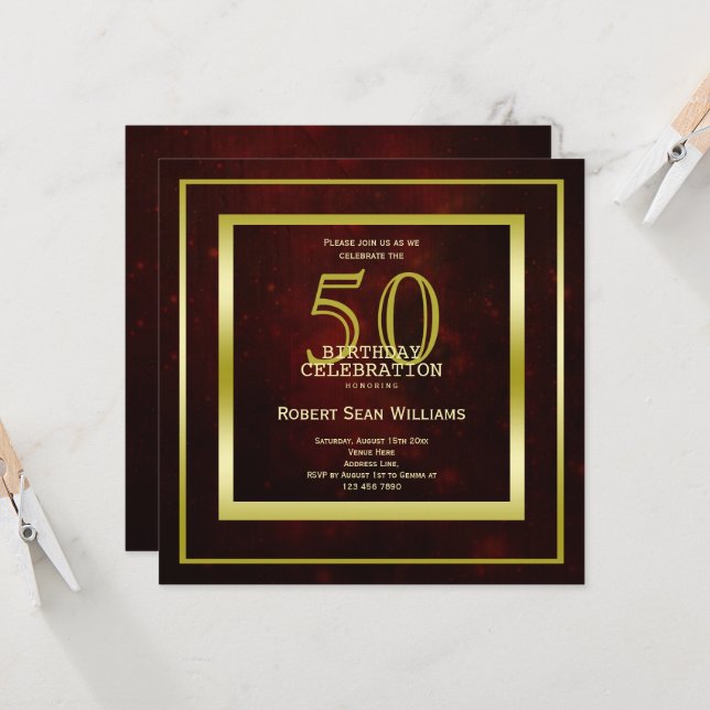 Invitation Masculine Double Gold Frame 50e anniversaire (Devant/Arrière en situation)