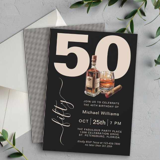 Invitation Masculine Whiskey et Cigars 50e fête d'anniversair (Available in both printed and instant download digital formats.)