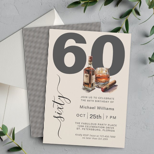 Invitation Masculine Whiskey et Cigars 60e fête d'anniversair (Available as printed and paperless digital download!)