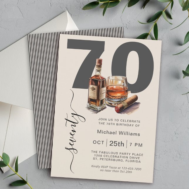 Invitation Masculine Whiskey et Cigars 70e fête d'anniversair (Available in both printed and instant download digital formats.)