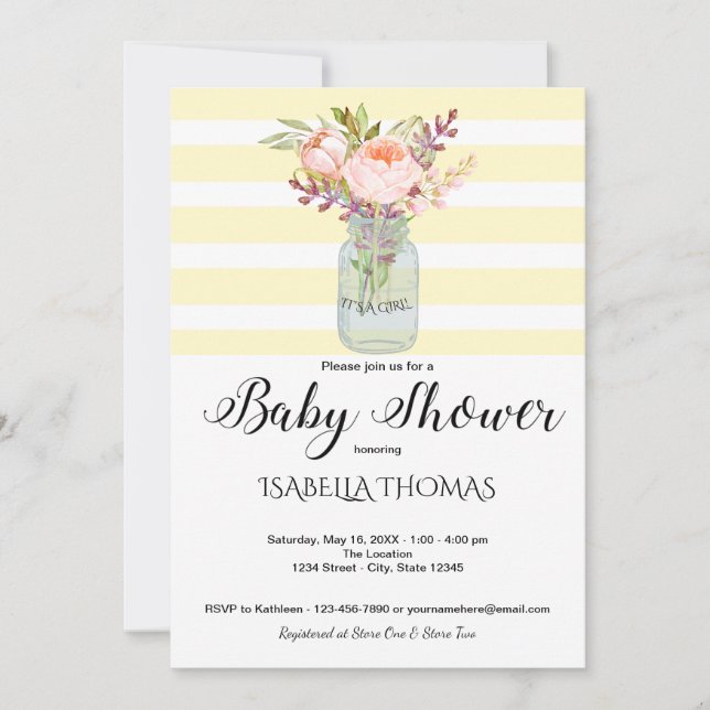 Invitation Mason Fleurs Jar Baby shower rayures Jaunes (Devant)
