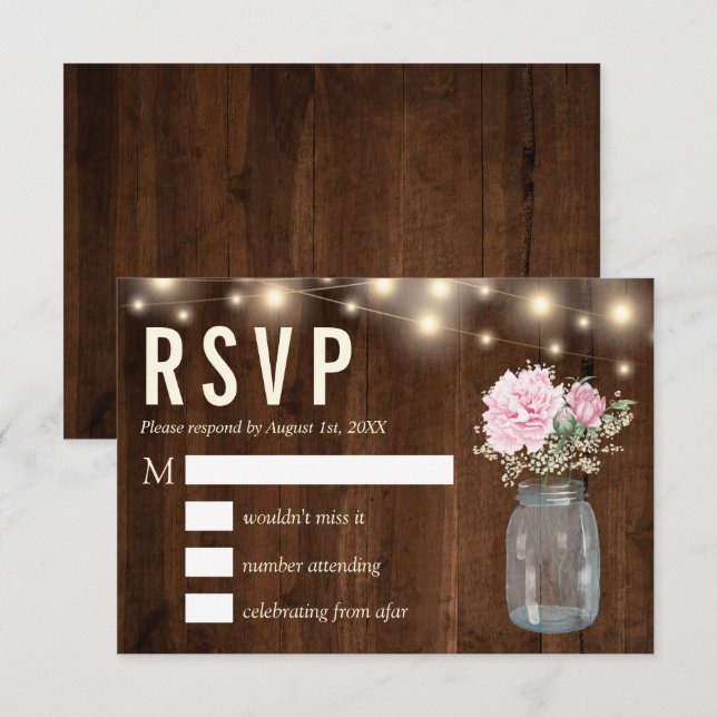 Invitation Mason floral rose de pivoine de bois rustique | Ca (Devant / Derrière)