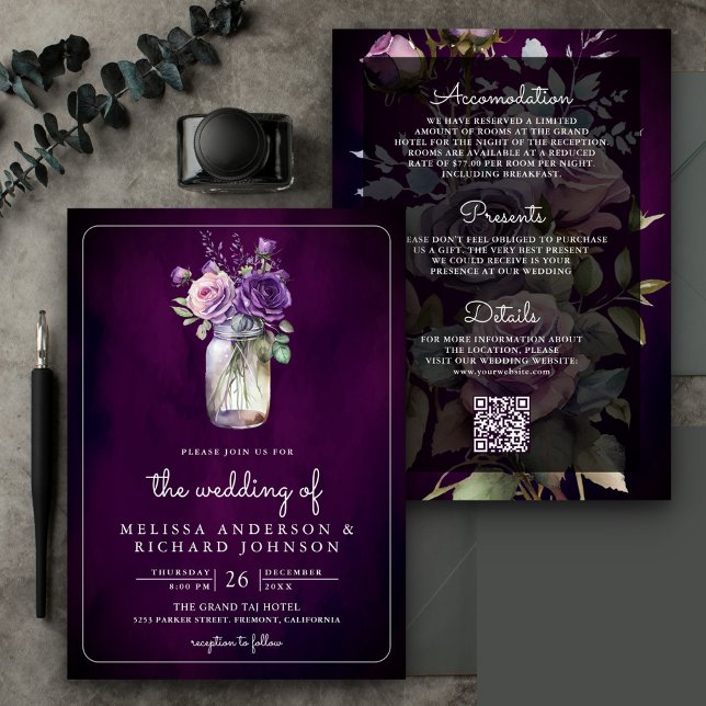 Invitation Mason floral violet foncé Jar QR Code Moody Mariag (Créateur téléchargé)