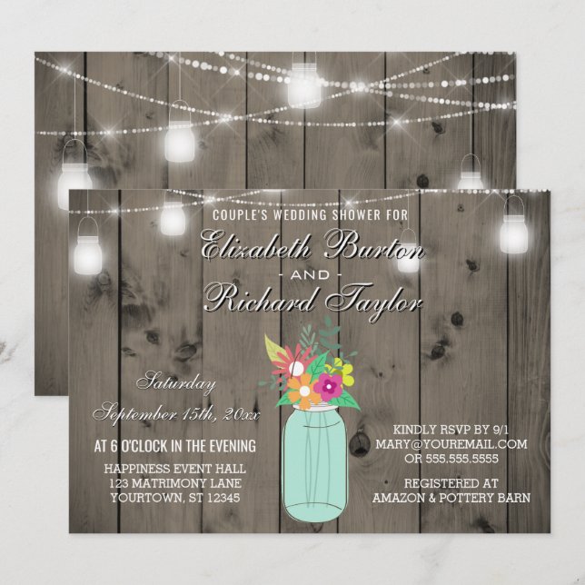 Invitation Mason Jar allume le Wedding shower des couples rus (Devant / Derrière)