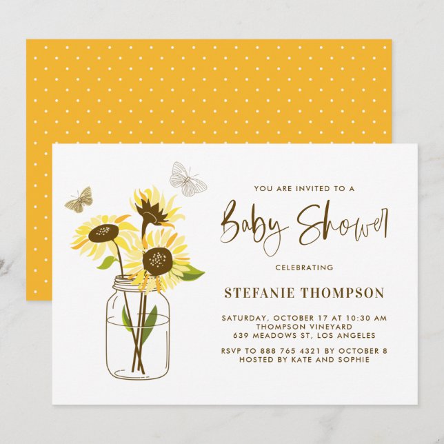 Invitation Mason Jar avec Baby shower de tournesol jaune (Devant / Derrière)