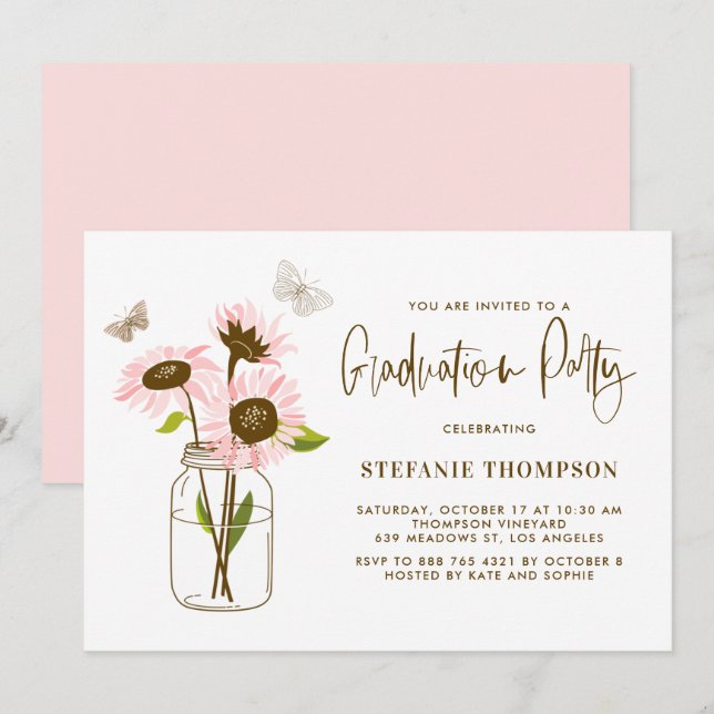Invitation Mason Jar avec Pink Sunflowers Graduation Party (Devant / Derrière)