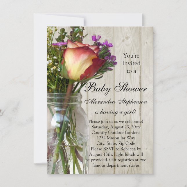 Invitation Mason Jar avec Rose/Fleur sauvage Baby shower fill (Devant)