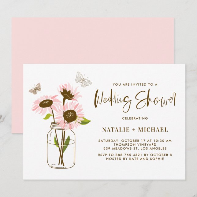 Invitation Mason Jar avec Wedding shower de tournesols roses (Devant / Derrière)