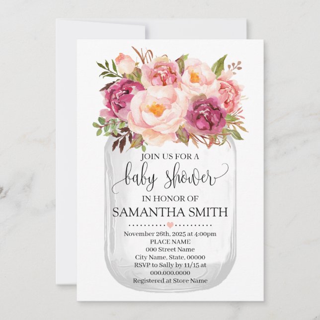 Invitation Mason jar baby shower Pink floral country chic (Devant)