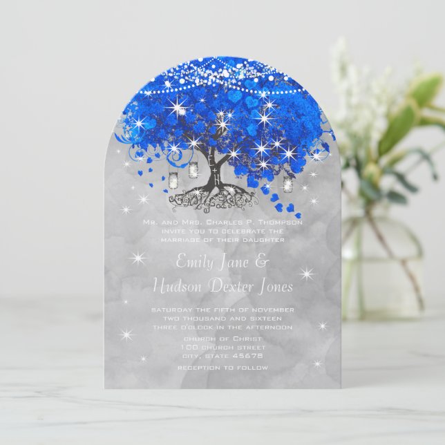 Invitation Mason Jar Bleu Coeur Feuille Arbre gris Aquarelle (Debout devant)
