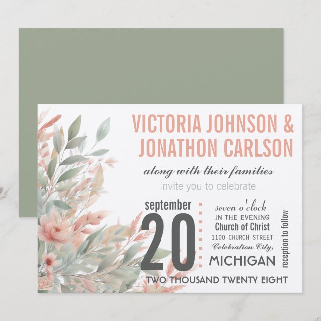 Invitation Mason Jar Coral et Mint Floral Mariage (Devant / Derrière)