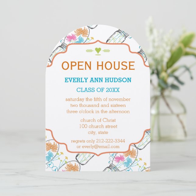 Invitation Mason Jar Coral rose Turquoise Floral Graduation (Debout devant)