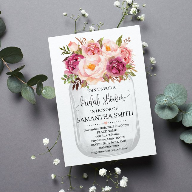 Invitation Mason jar douche nuptiale Pink floral country chic (Créateur téléchargé)