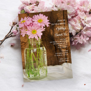 Invitation Mason Jar et marguerites roses Sweet 16 Anniversai