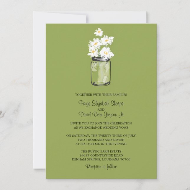 Invitation Mason Jar et White Daisies | Mariage vert (Devant)