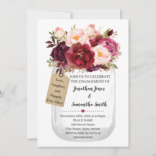 Invitation Mason jar fiançailles marsala country chic (Devant)