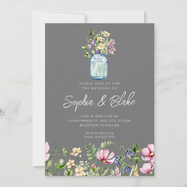 Invitation Mason Jar Fleur sauvage Russe Country Grey Mariage (Devant)