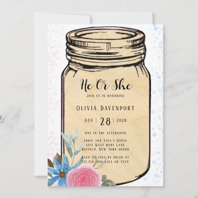 Invitation Mason Jar He ou She Genre Reveve Baby shower Invi (Devant)