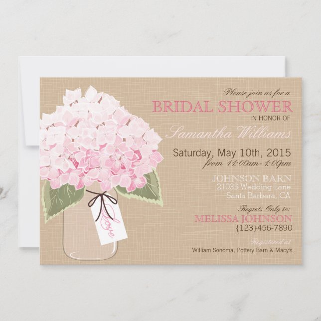 Invitation Mason Jar Hydrangea Fête des mariées rustique (Devant)