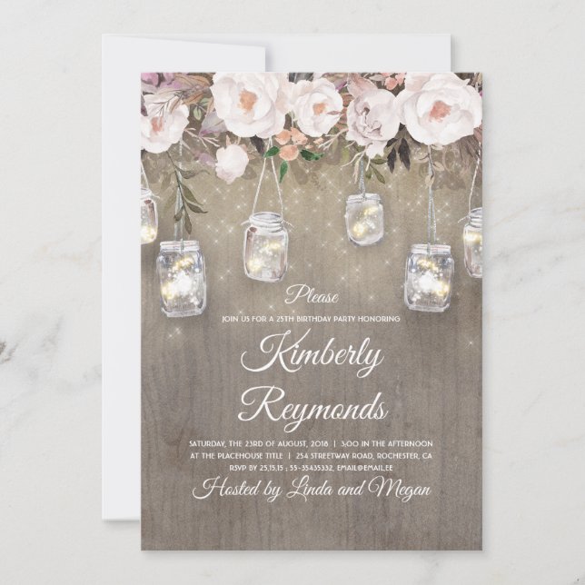 Invitation Mason Jar illumine Floral Rustique Anniversaire (Devant)
