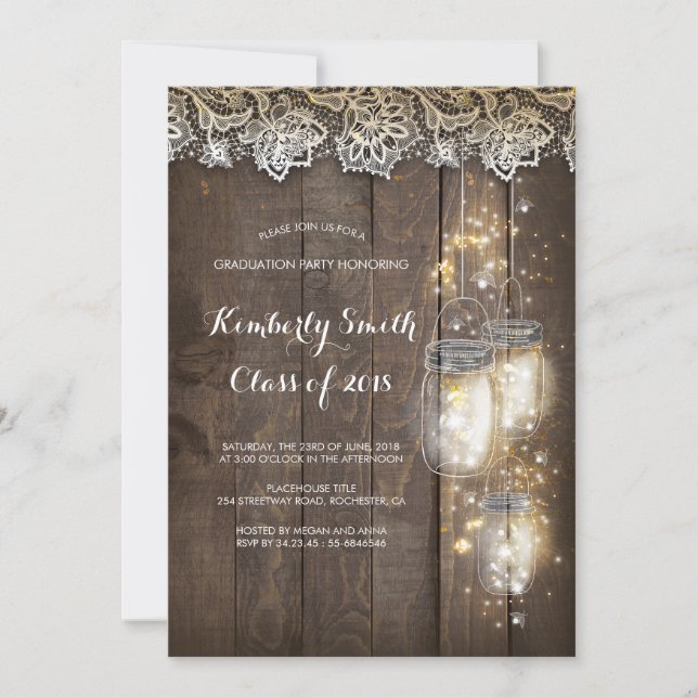 Invitation Mason Jar Lumières et dentelle Rustic Graduation P (Devant)
