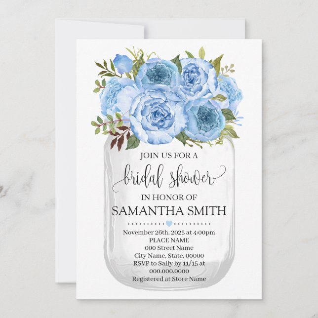 Invitation Mason jar nuptiale douche bleu floral country chic (Devant)