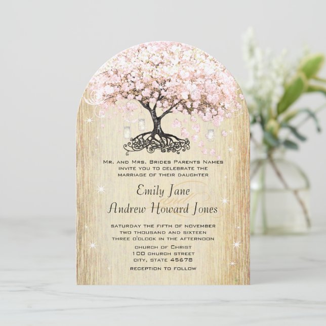 Invitation Mason Jar Rose Rose Or Coeur Leaf Arbre (Debout devant)