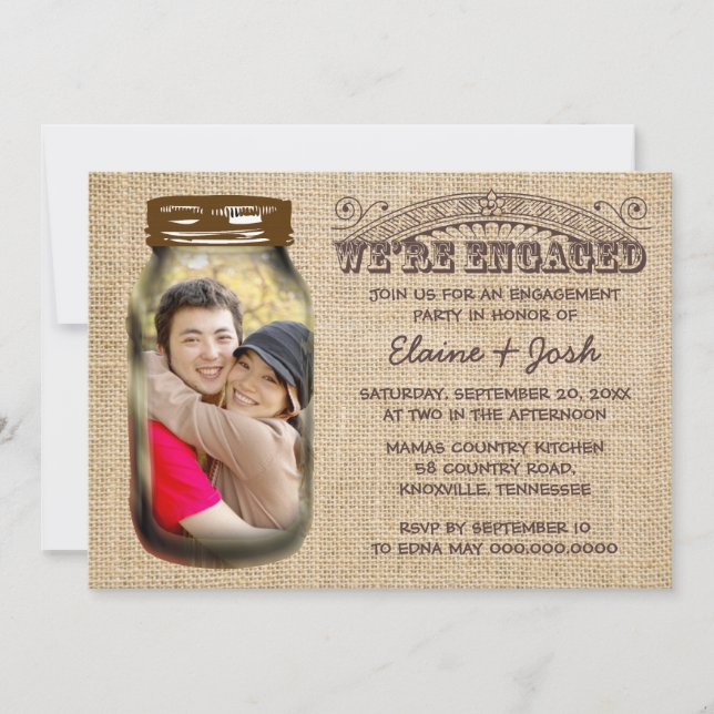 Invitation Mason Jar Rustic Burlap Engagement Party Invitatia (Devant)
