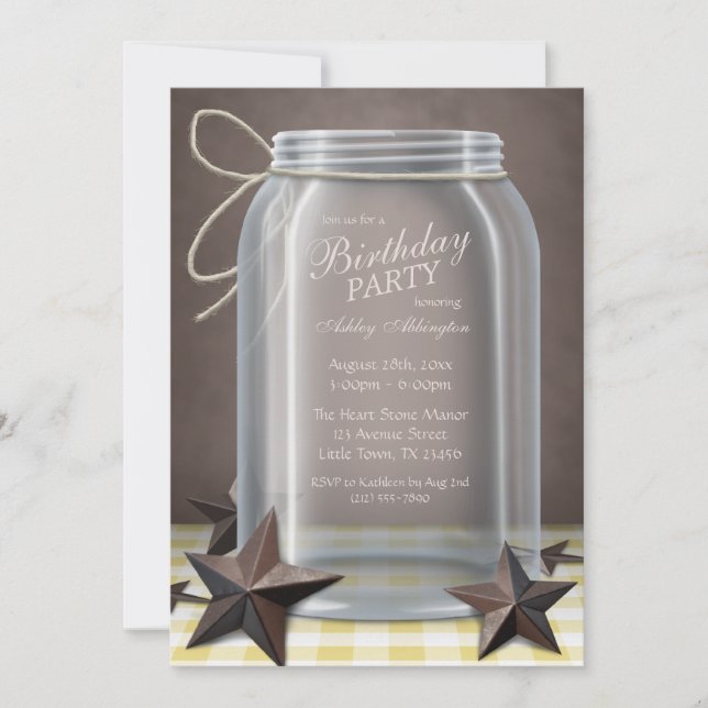 Invitation Mason Jar Rustic Stars Jaune En vichy Anniversaire (Devant)