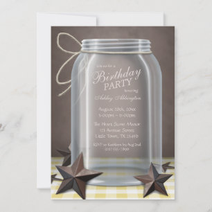 Invitation Mason Jar Rustic Stars Jaune En vichy Anniversaire