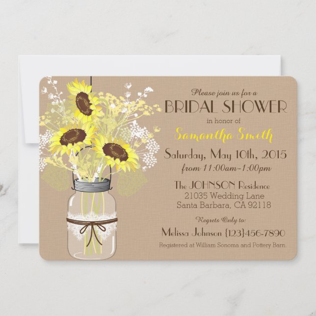 Invitation Mason Jar Sunflower Burlap Fête des mariées rustiq (Devant)