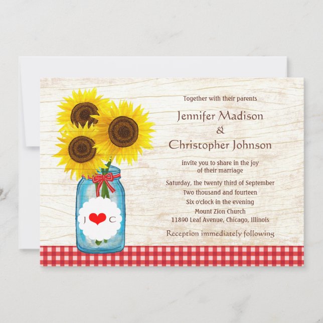 Invitation Mason Jar & Sunflowers Mariage campagnard rustique (Devant)