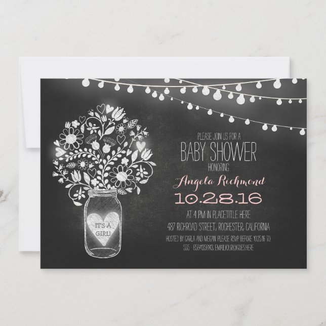 Invitation mason jar tableau noir & lumières Baby shower invi (Devant)