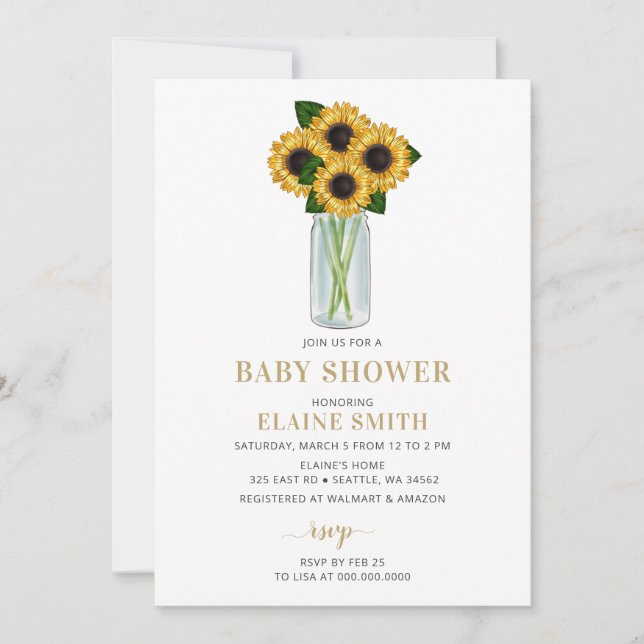 Invitation Mason Jar Tournesols Baby shower neutre (Devant)