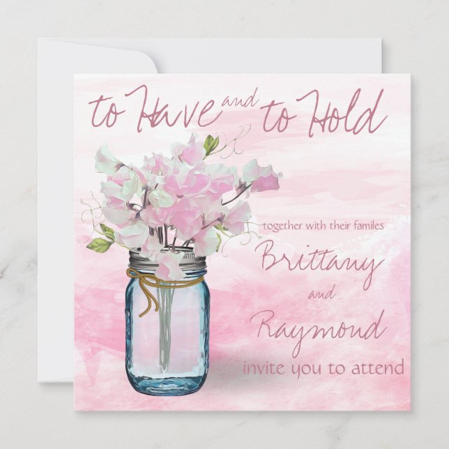 INVITATION MASON JAR WATERCOLOR ROSE POIS DOUX (Devant)