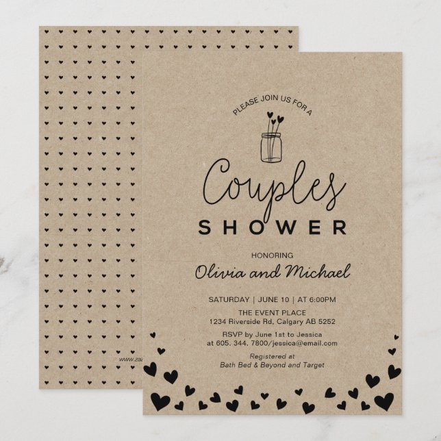 Invitation Mason Jar, Wedding shower Chic Kraft Couples Noirs (Devant / Derrière)